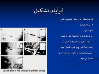 ‫تشكيل‬ ‫فرآيند‬
‫شود‬‫مي‬ ‫تقسيم‬‫بخش‬‫دو‬ ‫به‬‫تشكيل‬‫فرآيند‬
:
1
-
‫ترك‬ ‫ني‬‫ز‬ ‫جوانه‬
2
-
‫ترك‬‫شد‬‫ر‬
‫جوانه‬
‫ني‬‫ز‬
‫ترك‬
‫در‬
‫اثر‬
‫اعمال‬
‫تنش‬
‫به‬
‫فصل‬
‫مشترك‬
‫آخال‬
‫با‬
‫مينه‬‫ز‬
‫و‬
‫ايجاد‬
‫كرنش‬
‫در‬
‫مينه‬‫ز‬
‫وآخال‬
‫ع‬‫و‬‫شر‬
‫مي‬
‫شود‬
.
‫يكسان‬
‫نبودن‬
‫ميزان‬
‫كرنش‬
‫مينه‬‫ز‬
،‫وآخال‬
‫سبب‬
‫قطع‬
‫شدن‬
‫اتصال‬
‫مي‬
‫شود‬
.
 