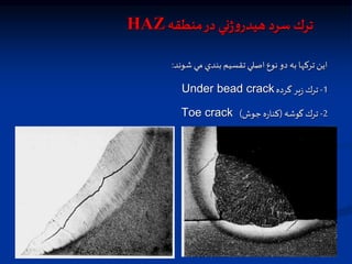 ‫منطقه‬‫در‬ ‫ني‬‫ژ‬‫و‬‫هيدر‬ ‫سرد‬ ‫ترك‬
HAZ
‫شوند‬ ‫مي‬ ‫بندي‬‫تقسيم‬‫اصلي‬ ‫نوع‬ ‫دو‬ ‫به‬ ‫تركها‬ ‫اين‬
:
1
-
‫گرده‬ ‫ير‬‫ز‬ ‫ترك‬
Under bead crack
2
-
‫گوشه‬ ‫ترك‬
(
‫جوش‬‫ه‬‫ر‬‫كنا‬
)
Toe crack
 