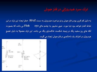 ‫به‬
‫دليل‬
‫كم‬
‫كربن‬
‫بودن‬
‫فلز‬
‫جوش‬
‫و‬
‫نيز‬
‫مهاجرت‬
‫ن‬‫ژ‬‫و‬‫هيدر‬
‫به‬
‫سمت‬
HAZ
،
‫خطر‬
‫ايجاد‬
‫اين‬
‫ترك‬
‫در‬
‫اين‬
‫نقاط‬
‫كمتر‬
‫خواهد‬
‫بود‬
‫تنها‬
،‫د‬‫ر‬‫مو‬
‫ي‬ ‫عي‬
‫ر‬‫مشهو‬
‫به‬
‫چشم‬
‫ماهي‬
eye
Fish
‫مي‬
‫باشد‬
‫كه‬
‫ت‬‫ر‬‫بصو‬
‫لكه‬
‫هاي‬
‫يز‬‫ر‬
‫سفيد‬
‫نگ‬‫ر‬
‫در‬
‫مينه‬‫ز‬
‫شكست‬
‫ي‬‫خاكستر‬
‫نگ‬‫ر‬
‫مي‬
‫باشد‬
.
‫اين‬
‫ترك‬
‫معمول‬
‫به‬
‫دلي‬
‫ل‬
‫تجمع‬
‫ن‬‫ژ‬‫و‬‫هيدر‬
‫در‬
‫اطراف‬
‫يل‬
‫ي‬ ‫ناخالص‬
‫در‬
‫فلز‬
‫جوش‬
‫ايجاد‬
‫مي‬
‫گردد‬
.
‫جوش‬‫فلز‬‫در‬ ‫ني‬‫ژ‬‫و‬‫هيدر‬ ‫سرد‬ ‫ترك‬
 