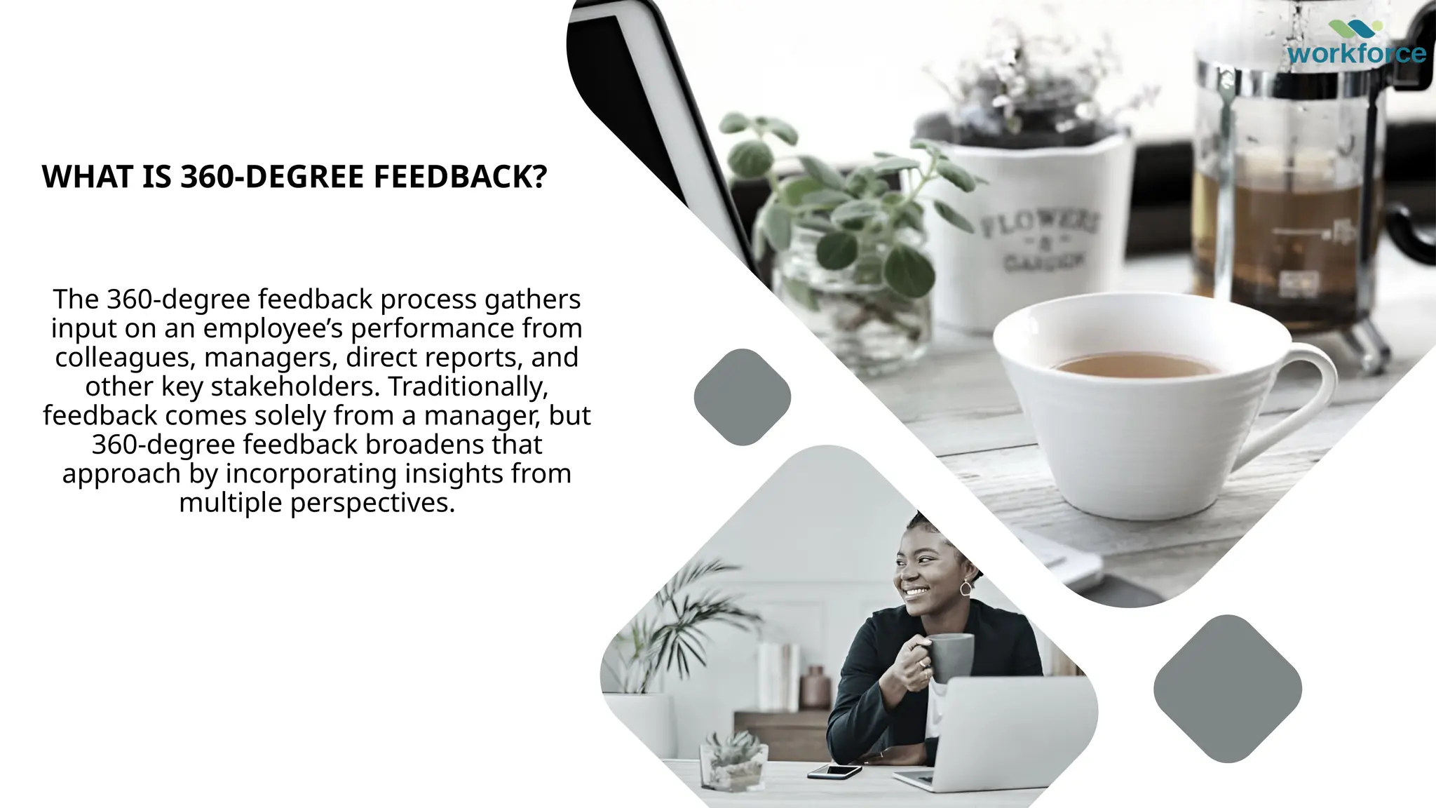 WHAT IS 360-DEGREE FEEDBACK?
The 360-degree feedback process gathers
input on an employee’s performance from
colleagues, managers, direct reports, and
other key stakeholders. Traditionally,
feedback comes solely from a manager, but
360-degree feedback broadens that
approach by incorporating insights from
multiple perspectives.
 