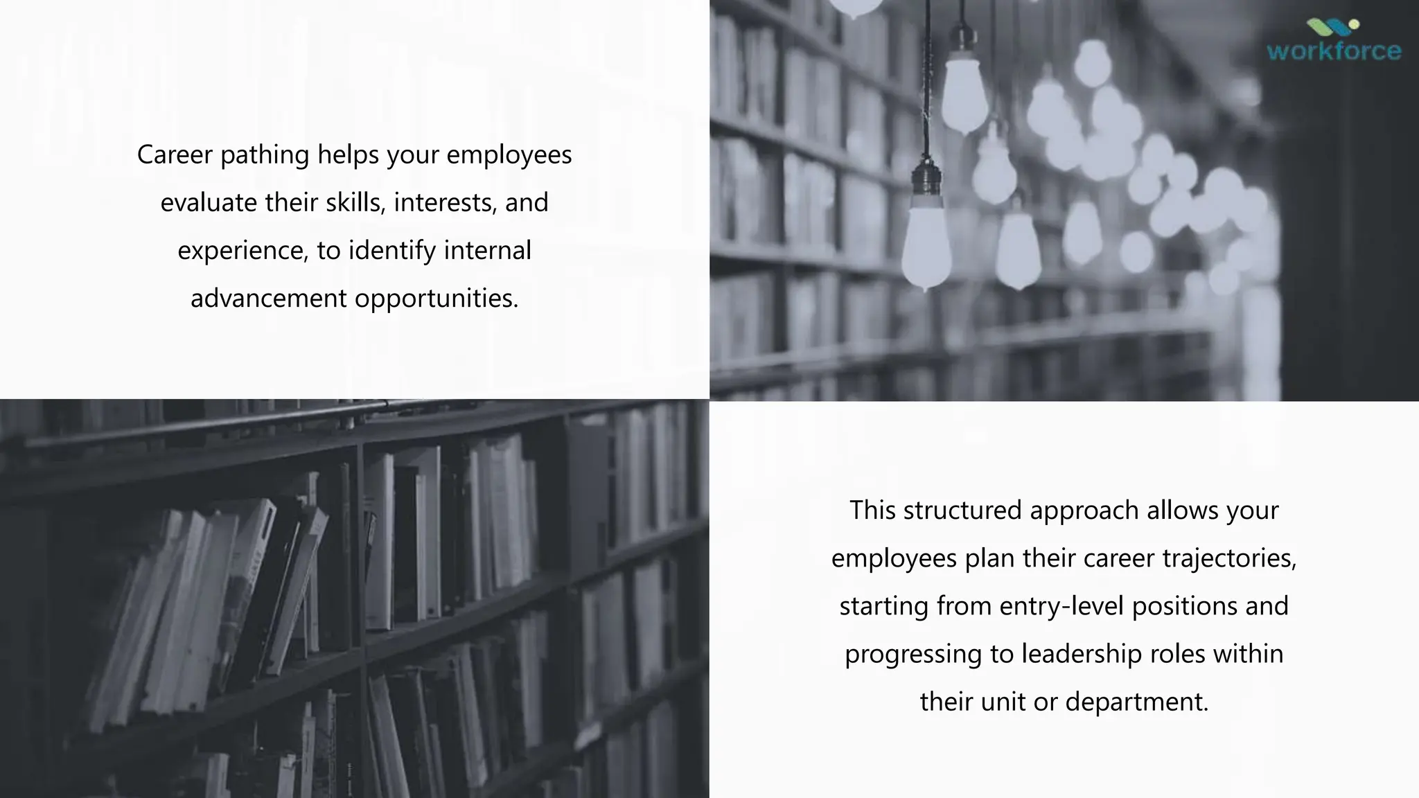 Career pathing helps your employees
evaluate their skills, interests, and
experience, to identify internal
advancement opportunities.
This structured approach allows your
employees plan their career trajectories,
starting from entry-level positions and
progressing to leadership roles within
their unit or department.
 