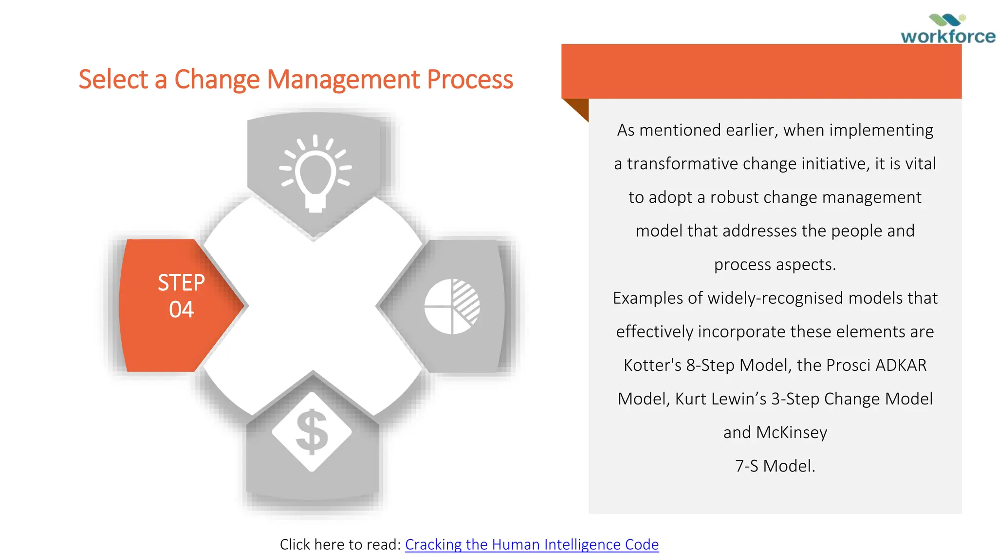 STEP
04
As mentioned earlier, when implementing
a transformative change initiative, it is vital
to adopt a robust change management
model that addresses the people and
process aspects.
Examples of widely-recognised models that
effectively incorporate these elements are
Kotter's 8-Step Model, the Prosci ADKAR
Model, Kurt Lewin’s 3-Step Change Model
and McKinsey
7-S Model.
Select a Change Management Process
Click here to read: Cracking the Human Intelligence Code
 