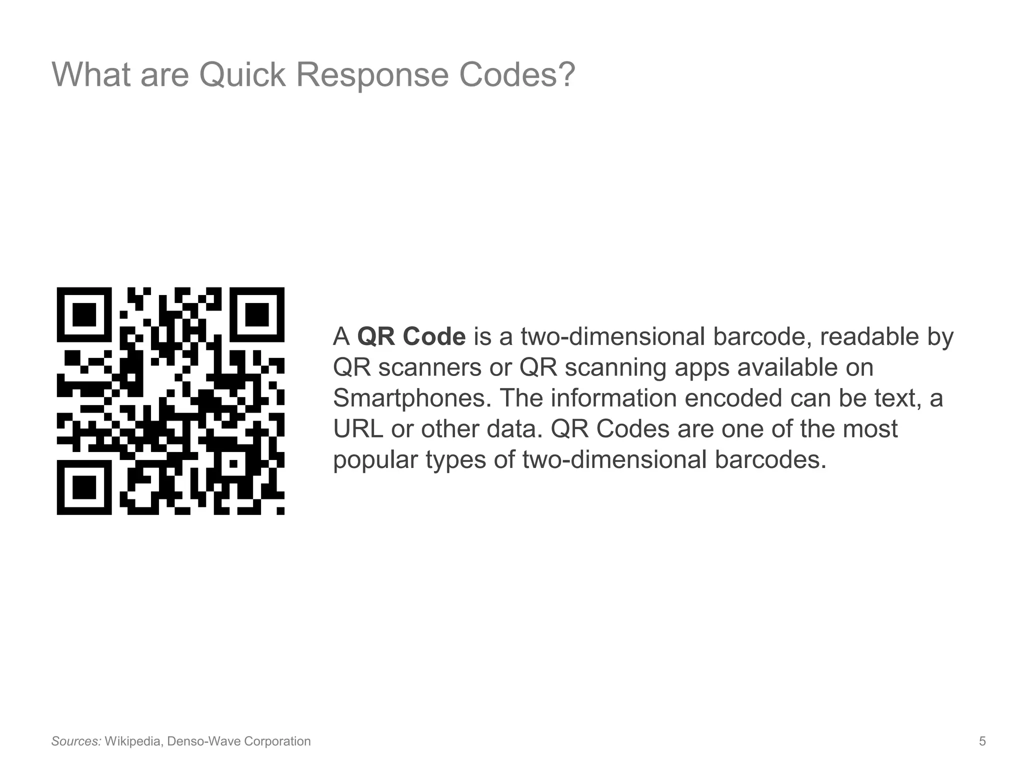 What are Quick Response Codes?A QR Code is a two-dimensional barcode, readable by QR scanners or QR scanning apps available on Smartphones. The information encoded can be text, a URL or other data. QR Codes are one of the most popular types of two-dimensional barcodes.Sources: Wikipedia, Denso-Wave Corporation
