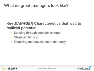 What do great managers look like?

Key MANAGER Characteristics that lead to
realized potential
• Leading through complex change
• Strategic thinking
• Coaching and development mentality

© 2013 Halogen Software. All rights reserved. All contents are confidential.

 
