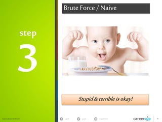 gayle in/gaylemcdgayleGayle Laakmann McDowell 8
Essential Knowledge
Data Structures Algorithms Concepts
ArrayLists Merge Sort BigO Time
Hash Tables QuickSort BigO Space
Trees(+Tries) &Graphs Breadth-FirstSearch Recursion
LinkedLists Depth-FirstSearch Memoization/ Dynamic
Programming
Stacks/ Queues BinarySearch
Heaps
 