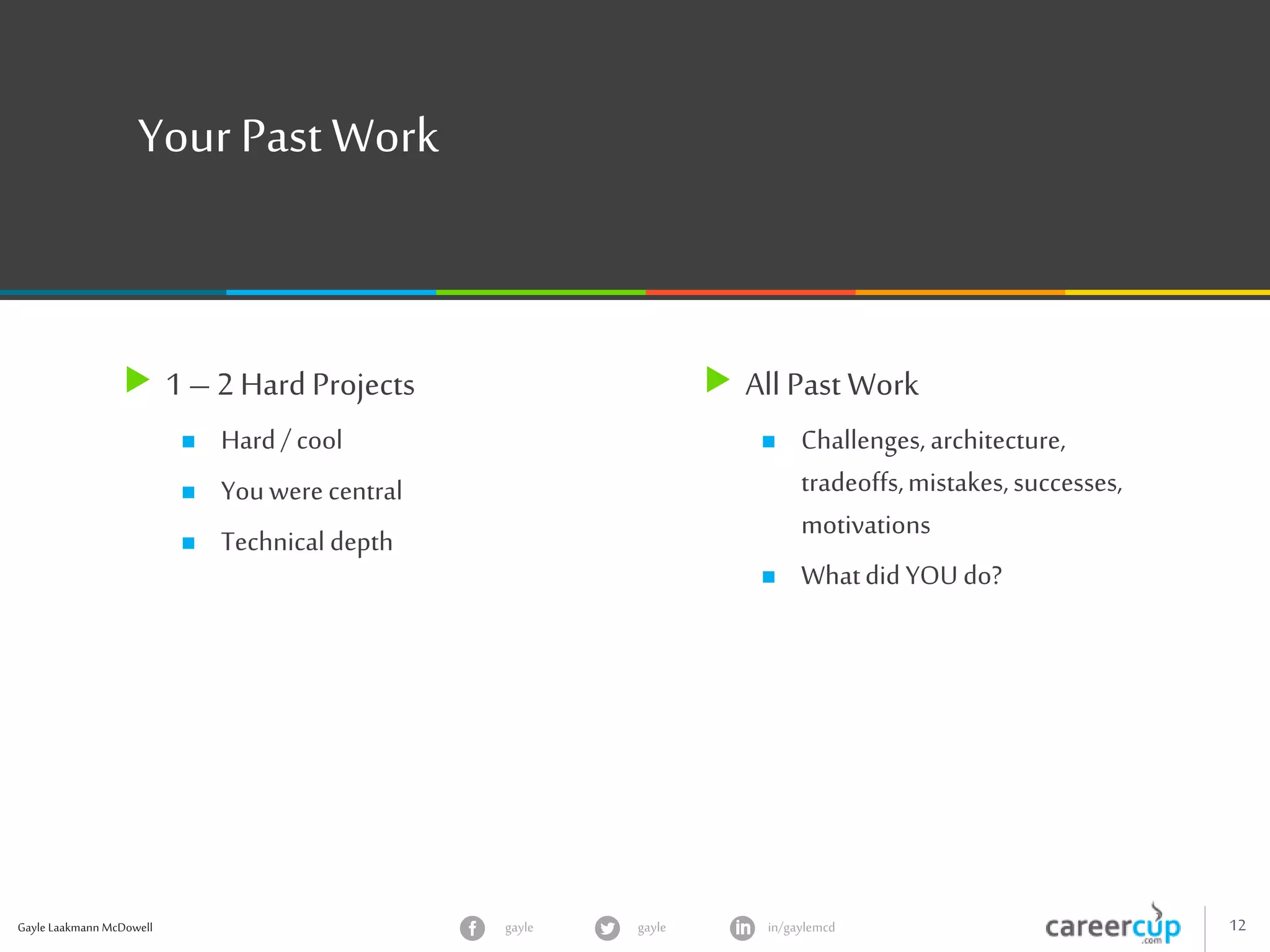 Gayle Laakmann McDowell 12gayle in/gaylemcdgayle
Your Past Work
 1 – 2 Hard Projects
 Hard/ cool
 Youwerecentral
 Technical depth
 All Past Work
 Challenges,architecture,
tradeoffs,mistakes,successes,
motivations
 Whatdid YOU do?
 
