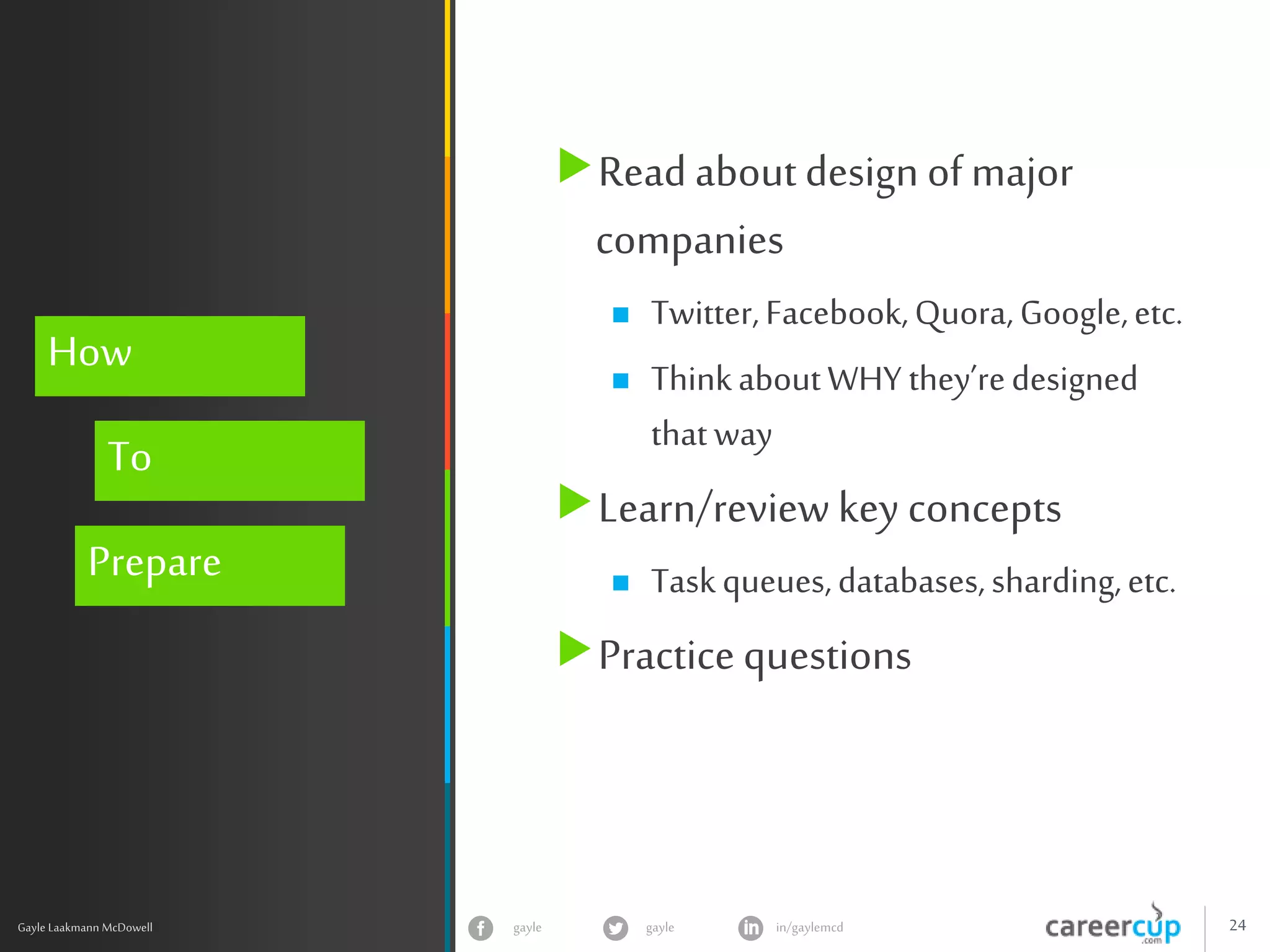 gayle in/gaylemcdgayle 24
z
Gayle Laakmann McDowell
How
To
Prepare
Read about design of major
companies
 Twitter,Facebook,Quora,Google,etc.
 ThinkaboutWHY they’redesigned
thatway
Learn/review key concepts
 Taskqueues,databases,sharding,etc.
Practice questions
 