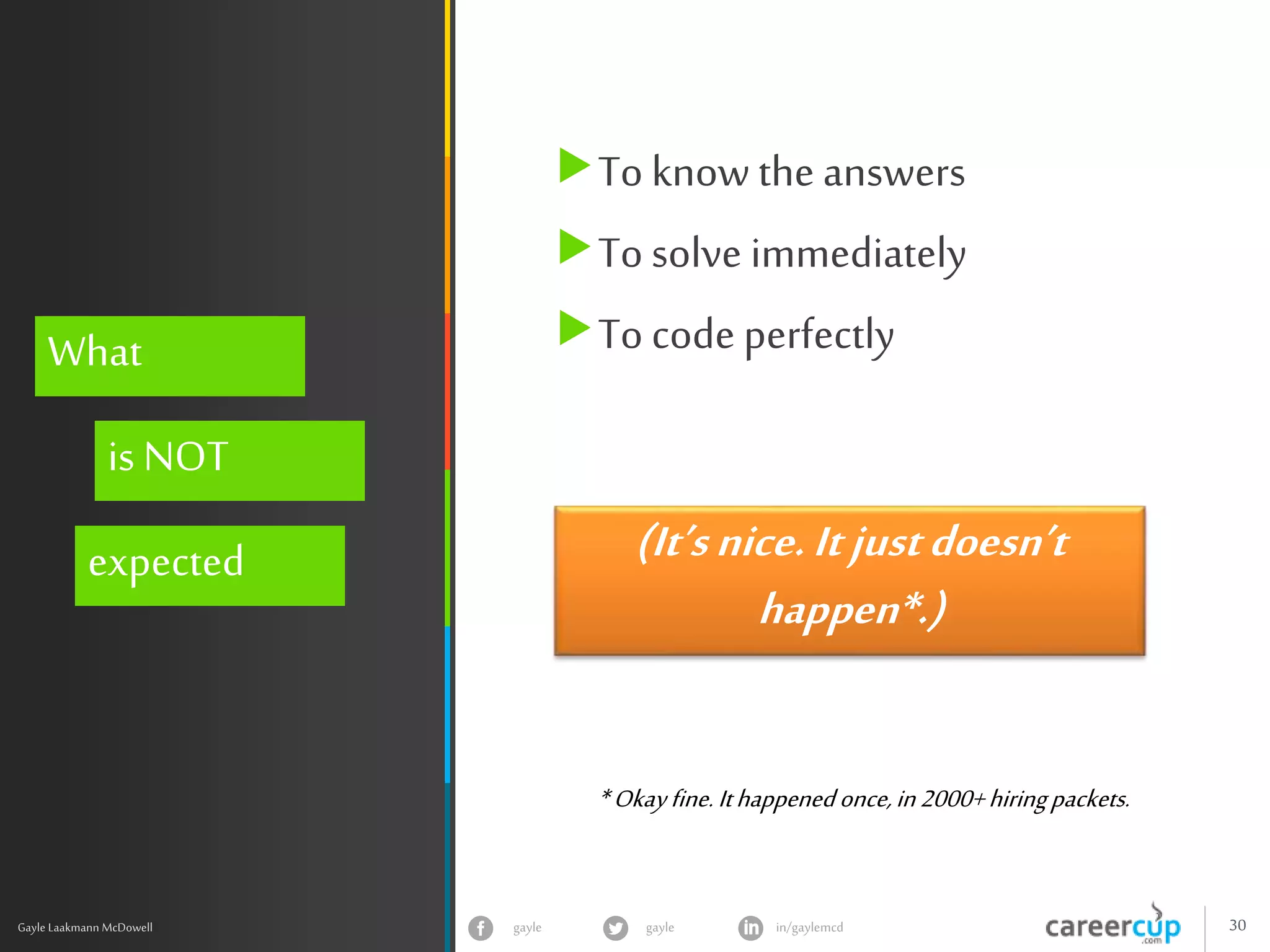 gayle in/gaylemcdgayle 30
z
Gayle Laakmann McDowell
What
is NOT
expected
To know the answers
To solve immediately
To code perfectly
(It’snice.Itjustdoesn’t
happen*.)
*Okayfine.Ithappenedonce,in2000+hiringpackets.
 