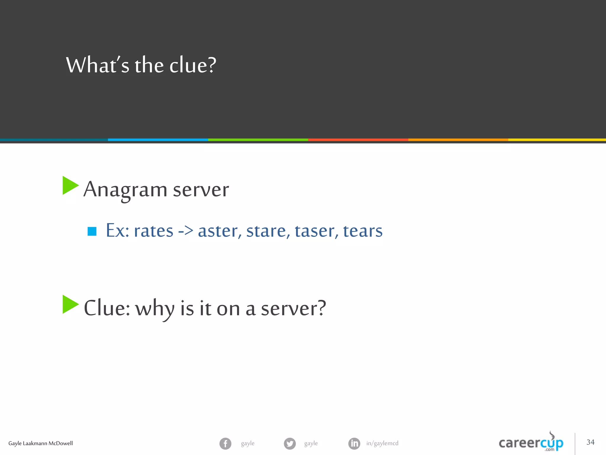 Gayle Laakmann McDowell 34gayle in/gaylemcdgayle
What’sthe clue?
Anagram server
 Ex: rates ->aster, stare, taser, tears
Clue:why is it ona server?
 