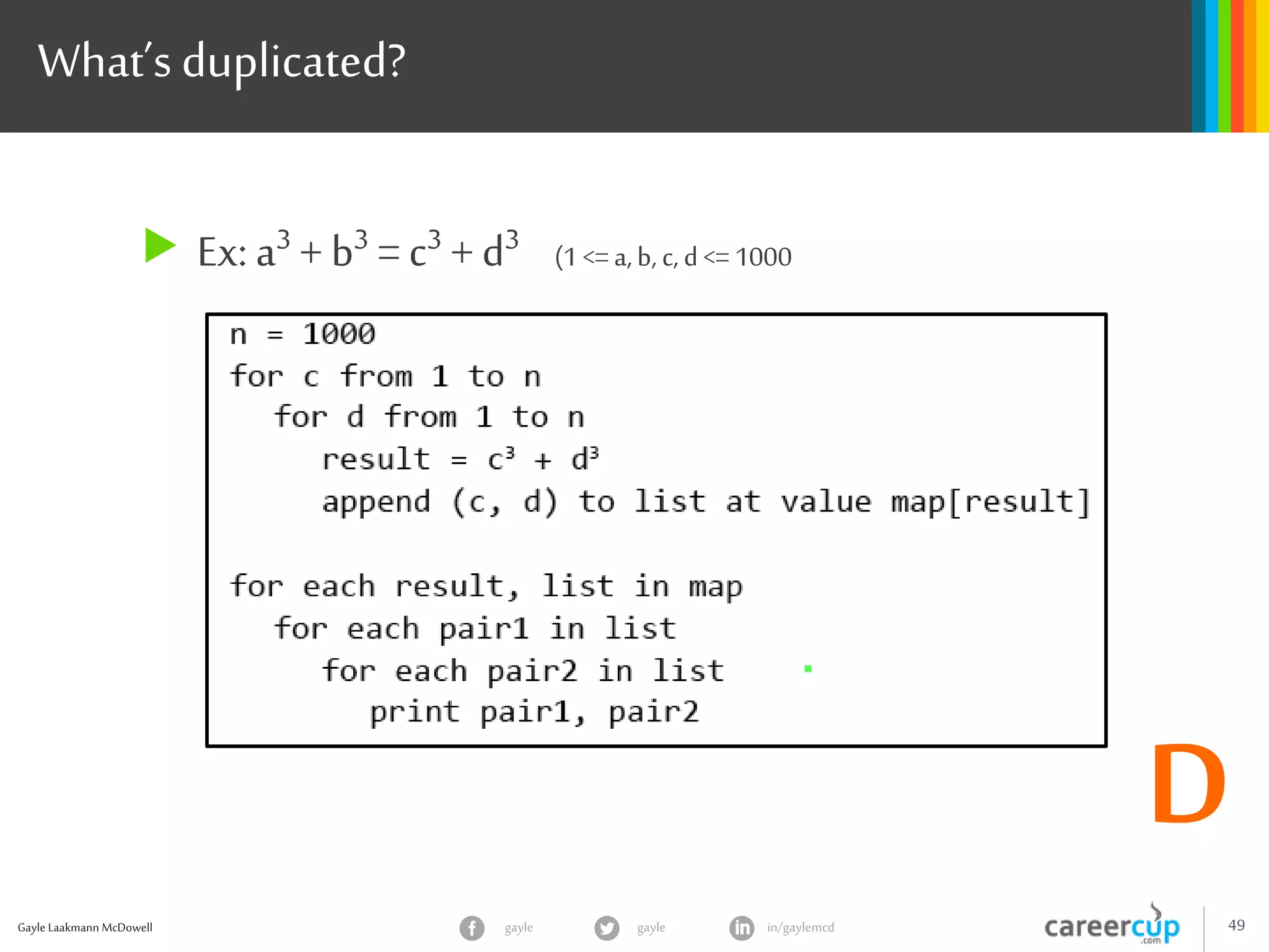 Gayle Laakmann McDowell 49gayle in/gaylemcdgayle
What’s duplicated?
 Ex: a3 + b3 = c3 + d3 (1 <=a,b, c, d<= 1000
D
 