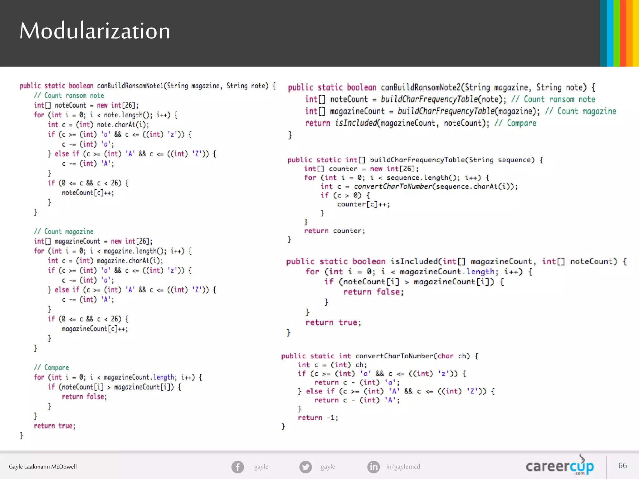 gayle in/gaylemcdgayleGayle Laakmann McDowell 66
Modularization
 