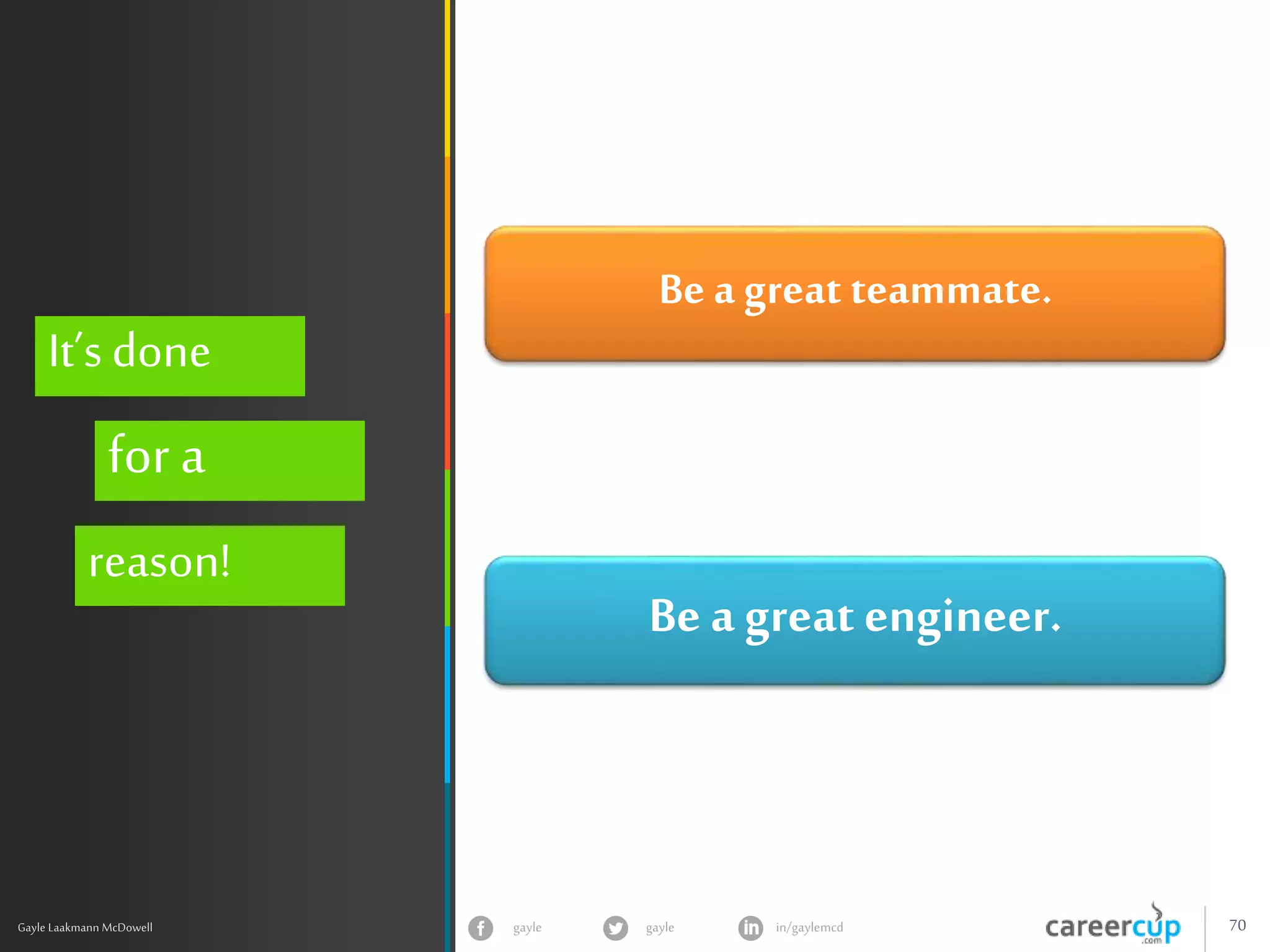 gayle in/gaylemcdgayle 70
z
Gayle Laakmann McDowell
It’s done
for a
reason!
Be a great teammate.
Be a great engineer.
 