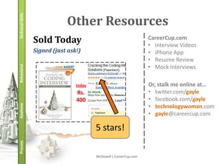 Technical Skills
                               Other Resources
                   Sold Today                                         CareerCup.com
                                                                      • Interview Videos
                   Signed (just ask!)                                 • iPhone App
                                                                      • Resume Review
                                                                      • Mock Interviews
Behavioral




                                   today                              Or, stalk me online at…
                                   Rs.                                • twitter.com/gayle
                                   400                                • facebook.com/gayle
                                                                      • technologywoman.com
Applying




                                                                      • gayle@careercup.com

                                           5 stars!
Process




                                           McDowell | CareerCup.com
 