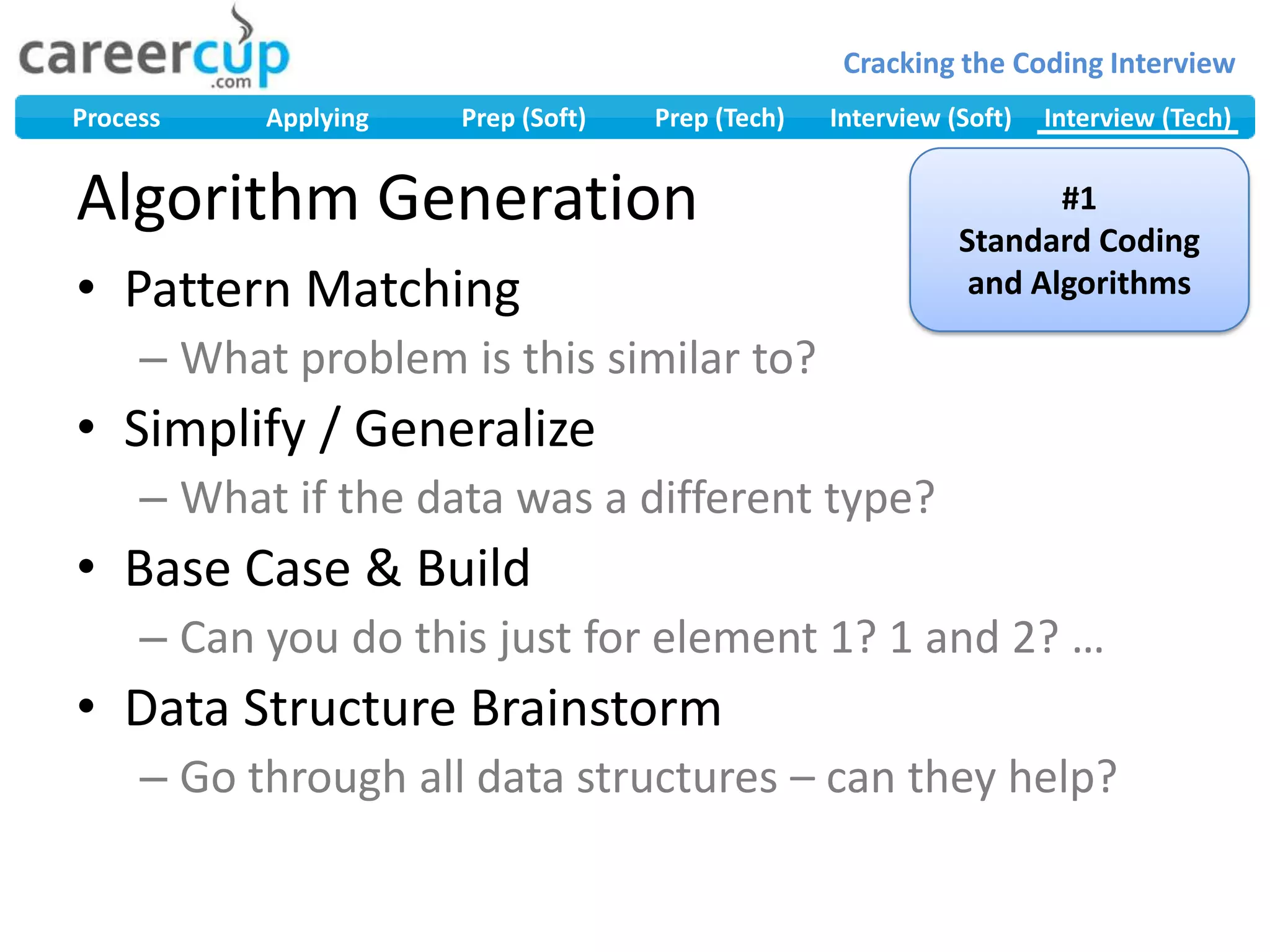 Algorithm GenerationPattern MatchingWhat problem is this similar to?Simplify / GeneralizeWhat if the data was a different type?Base Case & BuildCan you do this just for element 1? 1 and 2? …Data Structure BrainstormGo through all data structures – can they help?#1Standard Coding and Algorithms