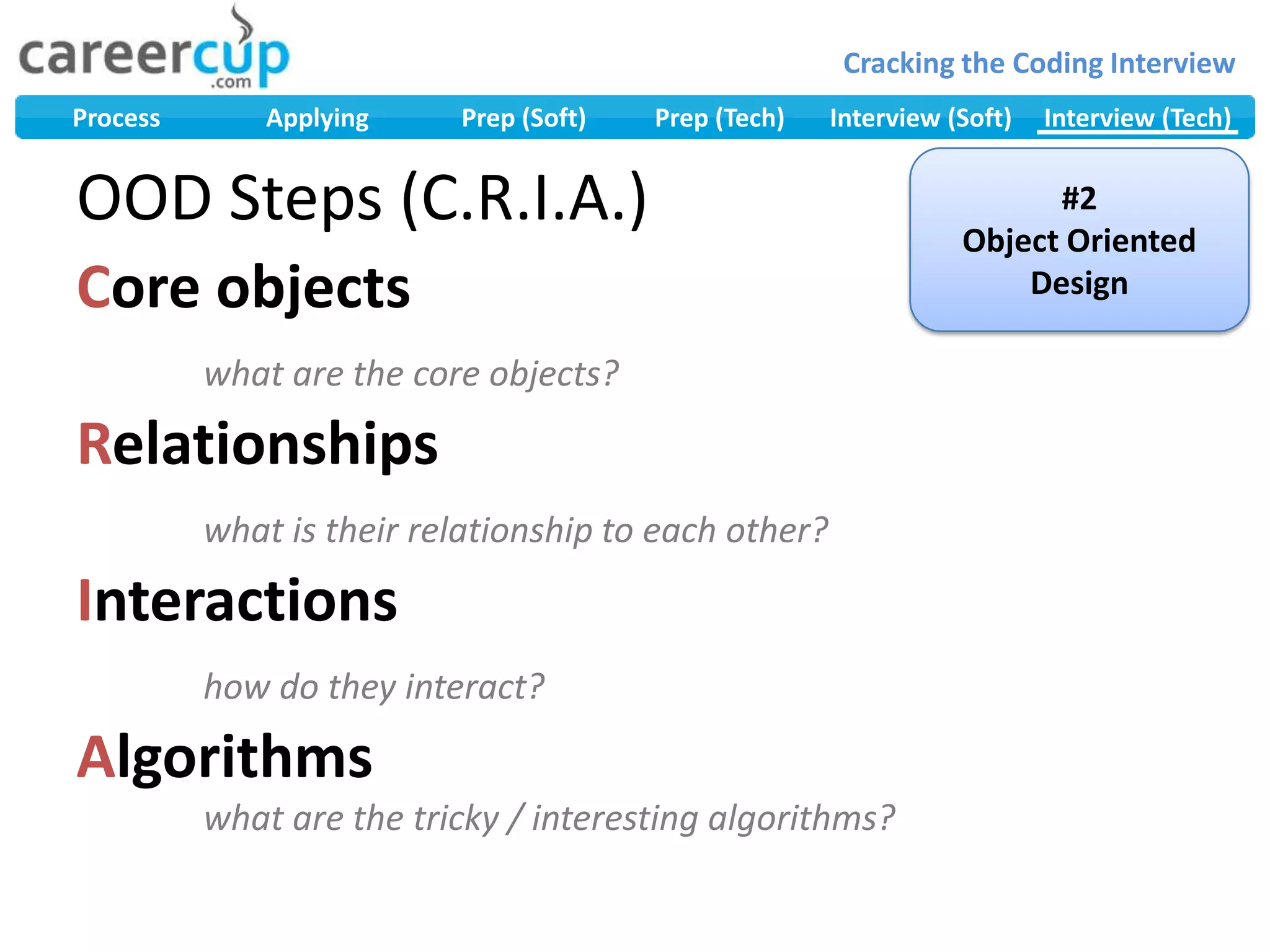Core objectswhat are the core objects?Relationshipswhat is their relationship to each other?Interactionshow do they interact?Algorithms	what are the tricky / interesting algorithms?OOD Steps (C.R.I.A.)#2Object Oriented Design