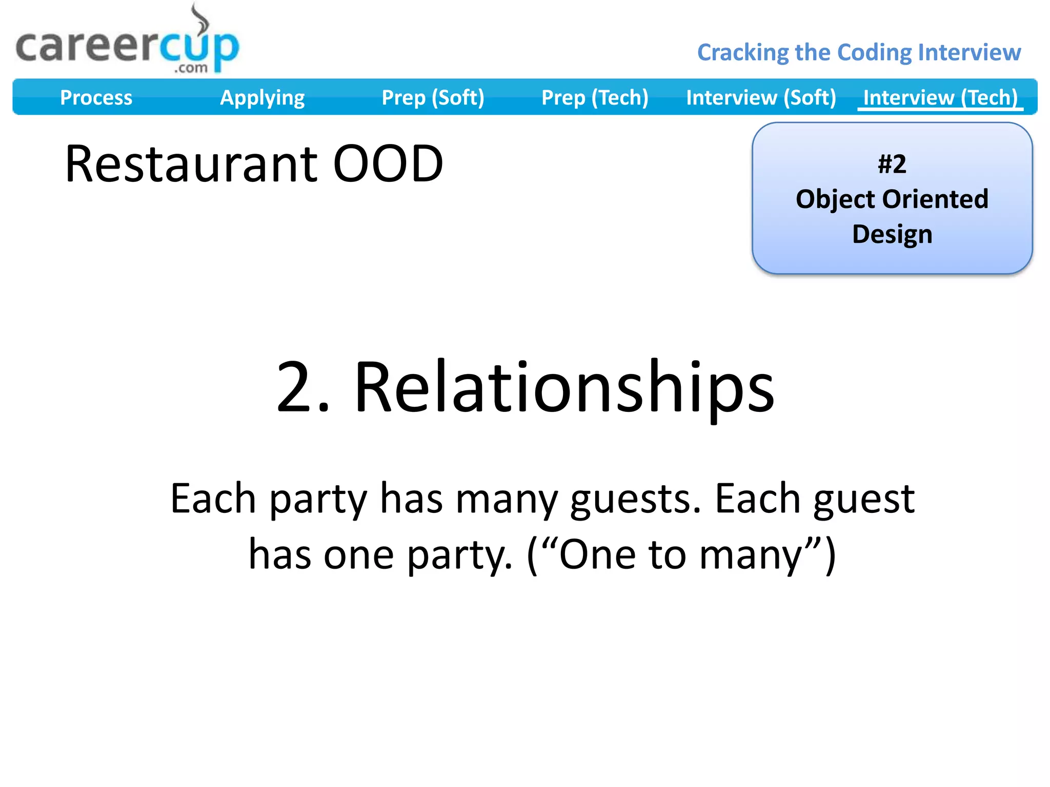 Restaurant OOD#2Object Oriented Design2. RelationshipsEach party has many guests. Each guest has one party. (“One to many”)