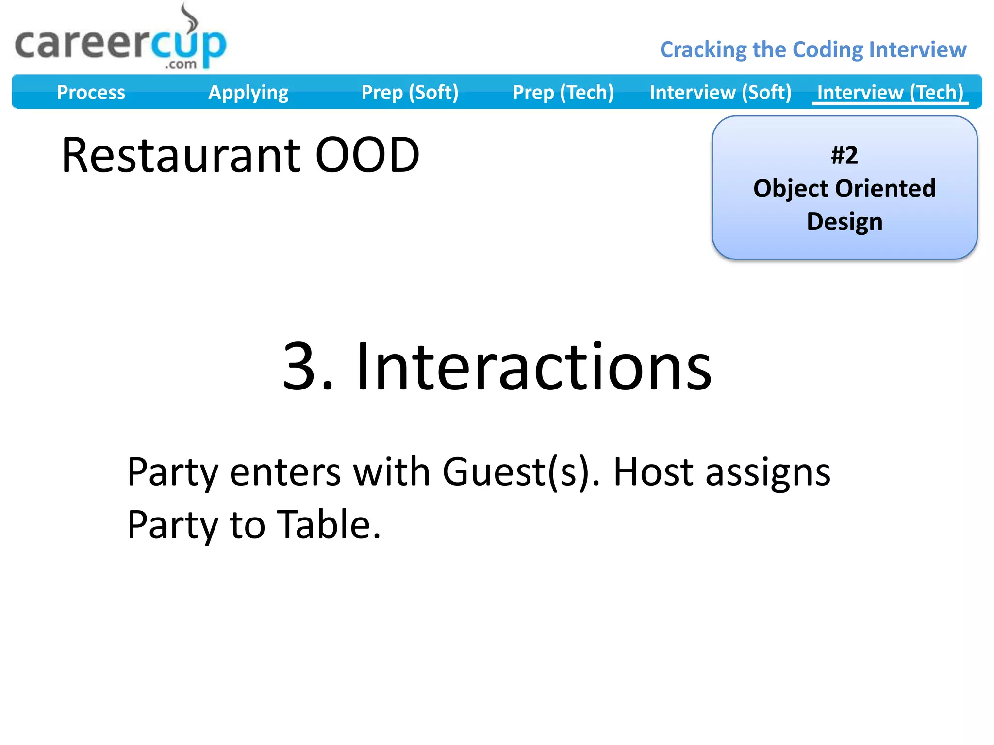 Restaurant OOD#2Object Oriented Design3. InteractionsParty enters with Guest(s). Host assigns Party to Table.  