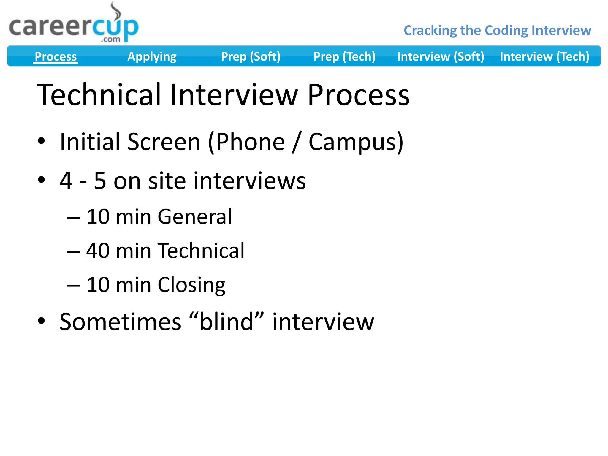 Technical Interview ProcessInitial Screen (Phone / Campus)4 - 5 on site interviews10 min General40 min Technical10 min ClosingSometimes “blind” interview