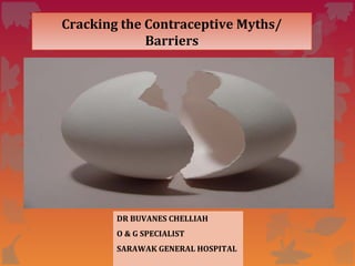 Cracking the Contraceptive Myths/ 
Barriers 
DR BUVANES CHELLIAH 
O & G SPECIALIST 
SARAWAK GENERAL HOSPITAL 
 