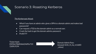 Scenario 3: Roasting Kerberos
The Kerberoast Attack
● What if you have an admin who gives a SPN to a domain admin and makes bad
passwords?
● Can request a TGS to the domain admin as a normal user.
● Crack the hash to get the domain admins password.
● Profit????
Ticket Hash:
05f50a70b856b624df5e723
15d9c9194
Domain Admin Pass:
texsaw{r3c0n_i5_my_m1ddl3
_n4me}
 