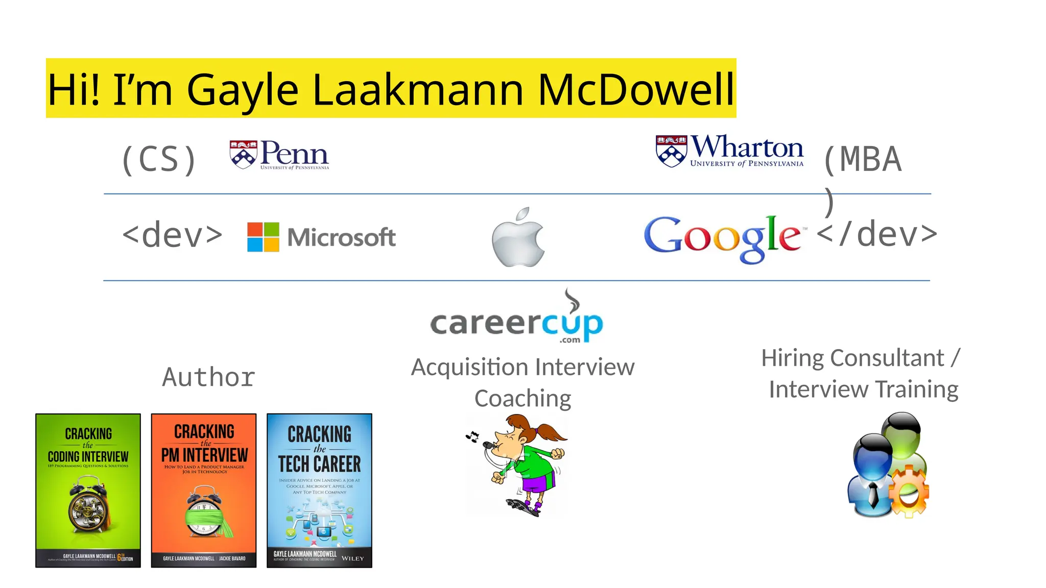 Hi! I’m Gayle Laakmann McDowell
Author Acquisition Interview
Coaching
<dev> </dev>
(CS) (MBA
)
Hiring Consultant /
Interview Training
 
