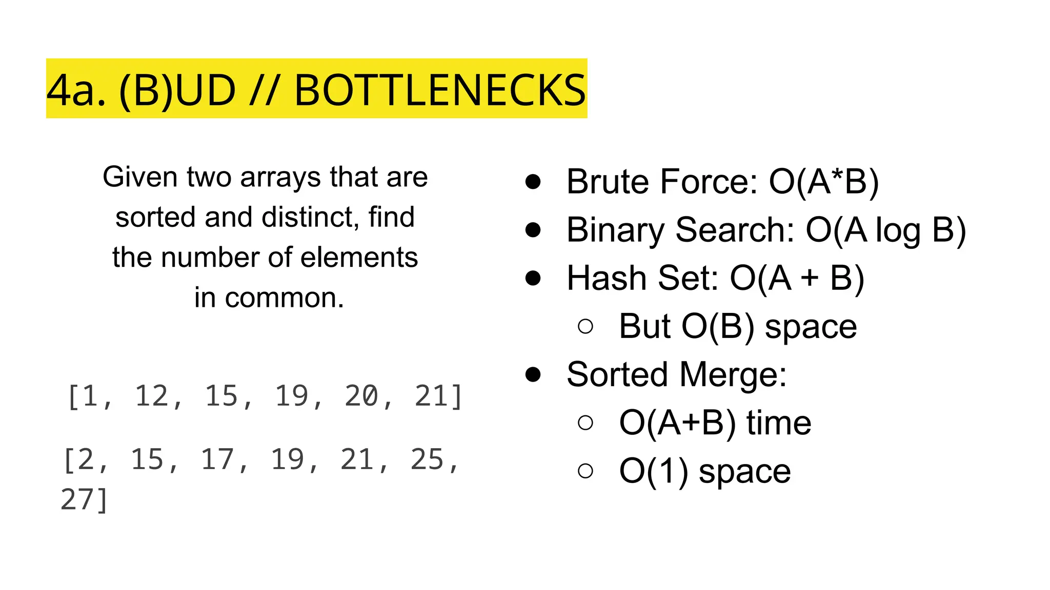 4a. (B)UD // BOTTLENECKS
Given two arrays that are
sorted and distinct, find
the number of elements
in common.
[1, 12, 15, 19, 20, 21]
[2, 15, 17, 19, 21, 25,
27]
● Brute Force: O(A*B)
● Binary Search: O(A log B)
● Hash Set: O(A + B)
○ But O(B) space
● Sorted Merge:
○ O(A+B) time
○ O(1) space
 