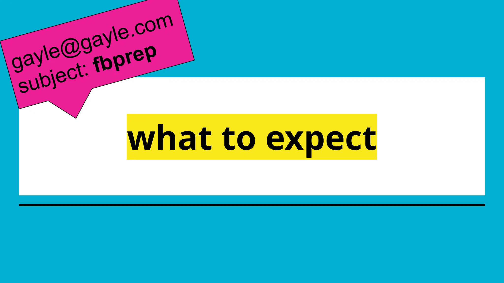 what to expect
gayle@gayle.com
subject: fbprep
 