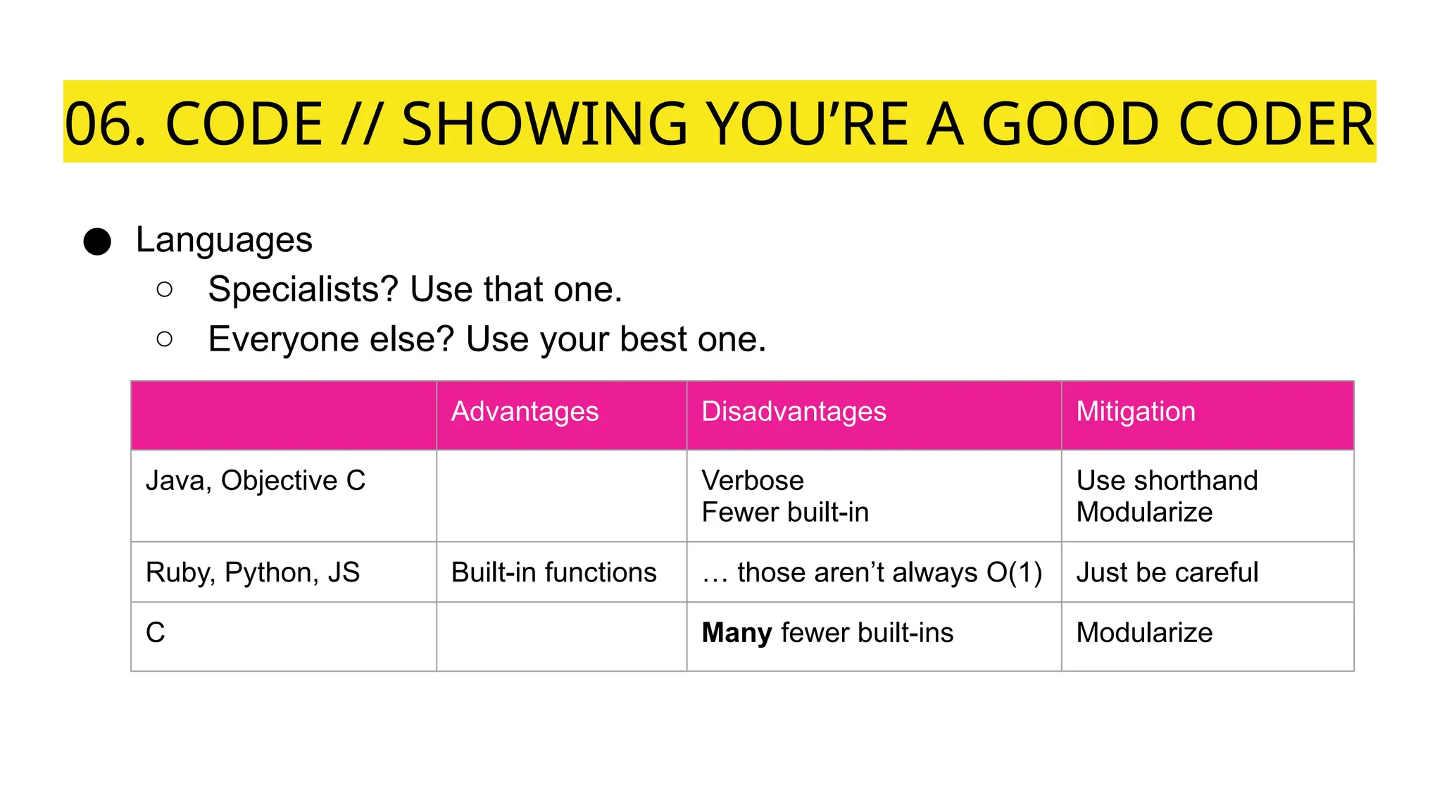 06. CODE // SHOWING YOU’RE A GOOD CODER
● Languages
○ Specialists? Use that one.
○ Everyone else? Use your best one.
Advantages Disadvantages Mitigation
Java, Objective C Verbose
Fewer built-in
Use shorthand
Modularize
Ruby, Python, JS Built-in functions … those aren’t always O(1) Just be careful
C Many fewer built-ins Modularize
 