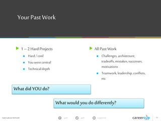 gayle in/gaylemcdgayleGayle Laakmann McDowell 11
The Pitch /Resume Walk-Through
• Showsof success
• Prompt the
interviewer
• Hobbies
I’masoftwareengineerat...
Mybackground’sinCS.
IstudiedatUPennandthen…
Atmycurrentcompany,I…
OutsideofworkI…
 