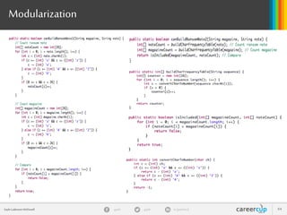 Gayle Laakmann McDowell 64gayle in/gaylemcdgayle
(D)Recursion
 Use, but don’t cling to, recursion
“instinct”
 Trybottom-up
 “Backtracking”
 Draw call-tree
 Derive runtime
 Find repeated subproblems
 Subsets of a set
 {} {}
 {a}{},{a}
 {a,b} {},{a},{b},{a,b}
 {a,b, c} …
 Subsets of {S1…Sn-1} +Sn to each
 