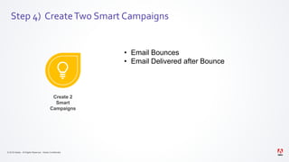 © 2019 Adobe. All Rights Reserved. Adobe Confidential.
Step 4) CreateTwo Smart Campaigns
• Email Bounces
• Email Delivered after Bounce
Create 2
Smart
Campaigns
 