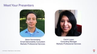 © 2019 Adobe. All Rights Reserved. Adobe Confidential.
MeetYour Presenters
Steve Sonnenberg
Email Deliverability Consultant
Marketo Professional Services
Carmi Lopez
Consulting Manager
Marketo Professional Services
 