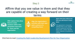 Step 3
Affirm that you see value in them and that they
are capable of creating a way forward on their
terms
Offer options that allow
them to create
solutions within clear
parameters that work
for them and the
organisation
Align the organisation’s
priorities with their own –
paint a picture of a
compelling future
Agree what they will do and
how you will know it’s been
done.
If the agreement is honoured,
celebrate them. If not, instantly
recap the agreement and help
them course- correct. The least
helpful response is to politely say
nothing.
Click here to read: Creating the Right Leadership Development Plan for Your Organisation
 