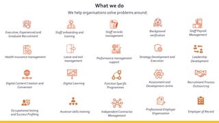 What we do
We help organisations solve problems around:
Staff Payroll
Management
Performance management
support
Health insurance management
Executive, Experienced and
Graduate Recruitment
Staff onboarding and
training
Staff records
management
Leave and exit
management
Background
verification
Strategy Development and
Execution
Digital Learning Function Specific
Programmes
Leadership
Development
Digital Content Creation and
Conversion
Assessment and
Development centre
Occupational testing
and Success Profiling
Independent Contractor
Management
Assessor skills training
Professional Employer
Organisation
Employer of Record
Recruitment Process
Outsourcing
 