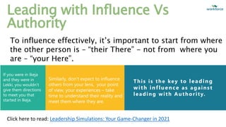 Leading with Influence Vs
Authority
To influence effectively, it’s important to start from where
the other person is – “their There” - not from where you
are – “your Here”.
This is the key to leading
with influence as against
leading with Authority.
If you were in Ikeja
and they were in
Lekki, you wouldn’t
give them directions
to meet you that
started in Ikeja.
Similarly, don’t expect to influence
others from your lens, your point
of view, your experiences – take
time to understand their reality and
meet them where they are.
Click here to read: Leadership Simulations: Your Game-Changer in 2021
 