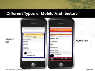 Different Types of Mobile Architecture




Browser
                                      Hybrid App
App
 