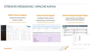 © 2020 Cloudera, Inc. All rights reserved. 15
STREAMS MESSAGING / APACHE KAFKA
Kafka Connect Support
Simple Data Movement
In/Out of Kafka
Schema Registry Ranger Plugin
Improved ACL and Audit for
Kafka and Schema Registry
Cruise Control Support
Intelligent Kafka Cluster
Rebalancing & Self Healing
 