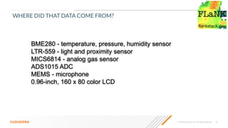 © 2020 Cloudera, Inc. All rights reserved. 20
BME280 - temperature, pressure, humidity sensor
LTR-559 - light and proximity sensor
MICS6814 - analog gas sensor
ADS1015 ADC
MEMS - microphone
0.96-inch, 160 x 80 color LCD
WHERE DID THAT DATA COME FROM?
 