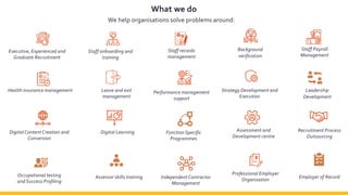 What we do
We help organisations solve problems around:
Staff Payroll
Management
Performance management
support
Health insurance management
Executive, Experienced and
Graduate Recruitment
Staff onboarding and
training
Staff records
management
Leave and exit
management
Background
verification
Strategy Development and
Execution
Digital Learning Function Specific
Programmes
Leadership
Development
Digital Content Creation and
Conversion
Assessment and
Development centre
Occupational testing
and Success Profiling
Independent Contractor
Management
Assessor skills training
Professional Employer
Organisation
Employer of Record
Recruitment Process
Outsourcing
 