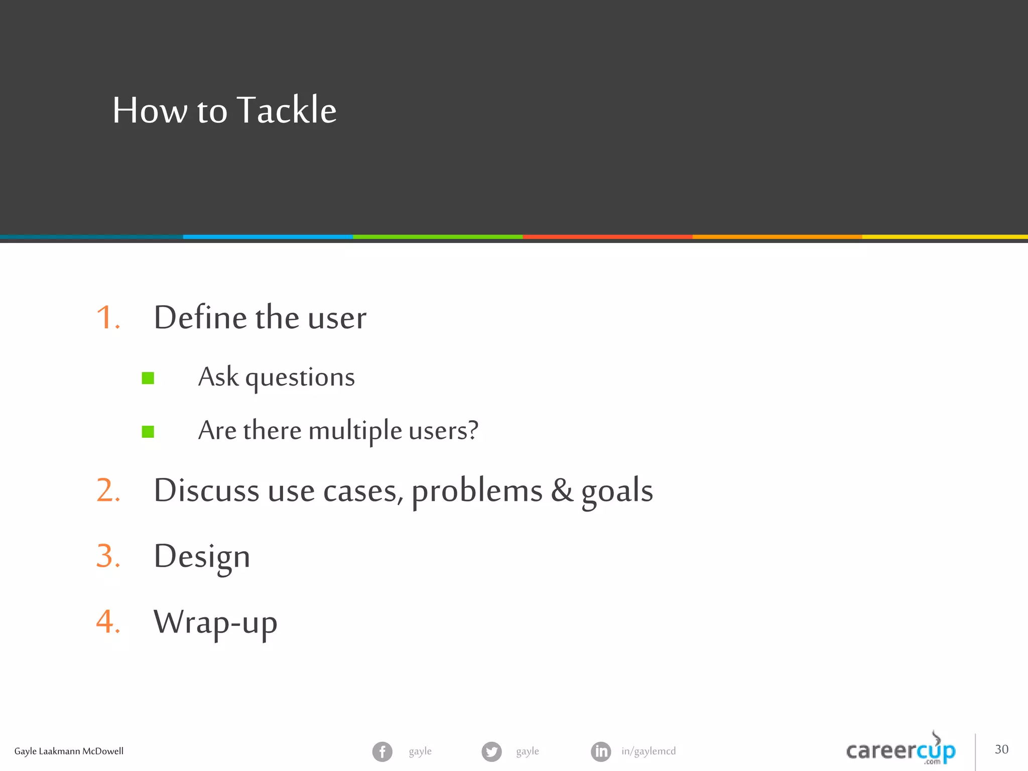 Gayle Laakmann McDowell 30gayle in/gaylemcdgayle
How toTackle
1. Define theuser
 Askquestions
 Arethere multipleusers?
2. Discuss use cases, problems & goals
3. Design
4. Wrap-up
 