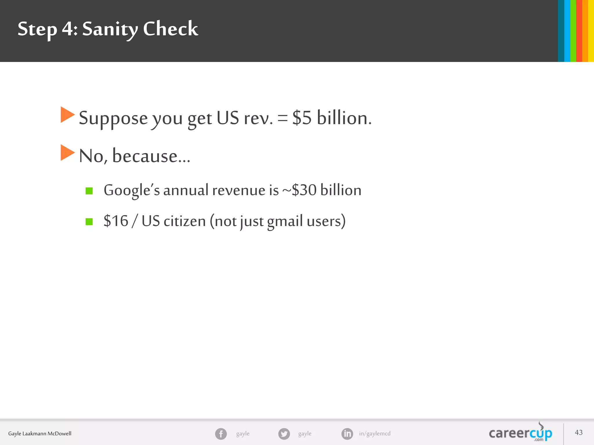 gayle in/gaylemcdgayleGayle Laakmann McDowell 43
Step 4:Sanity Check
Suppose you get US rev. = $5 billion.
No, because…
 Google’sannualrevenueis~$30billion
 $16/ UScitizen(notjustgmailusers)
 