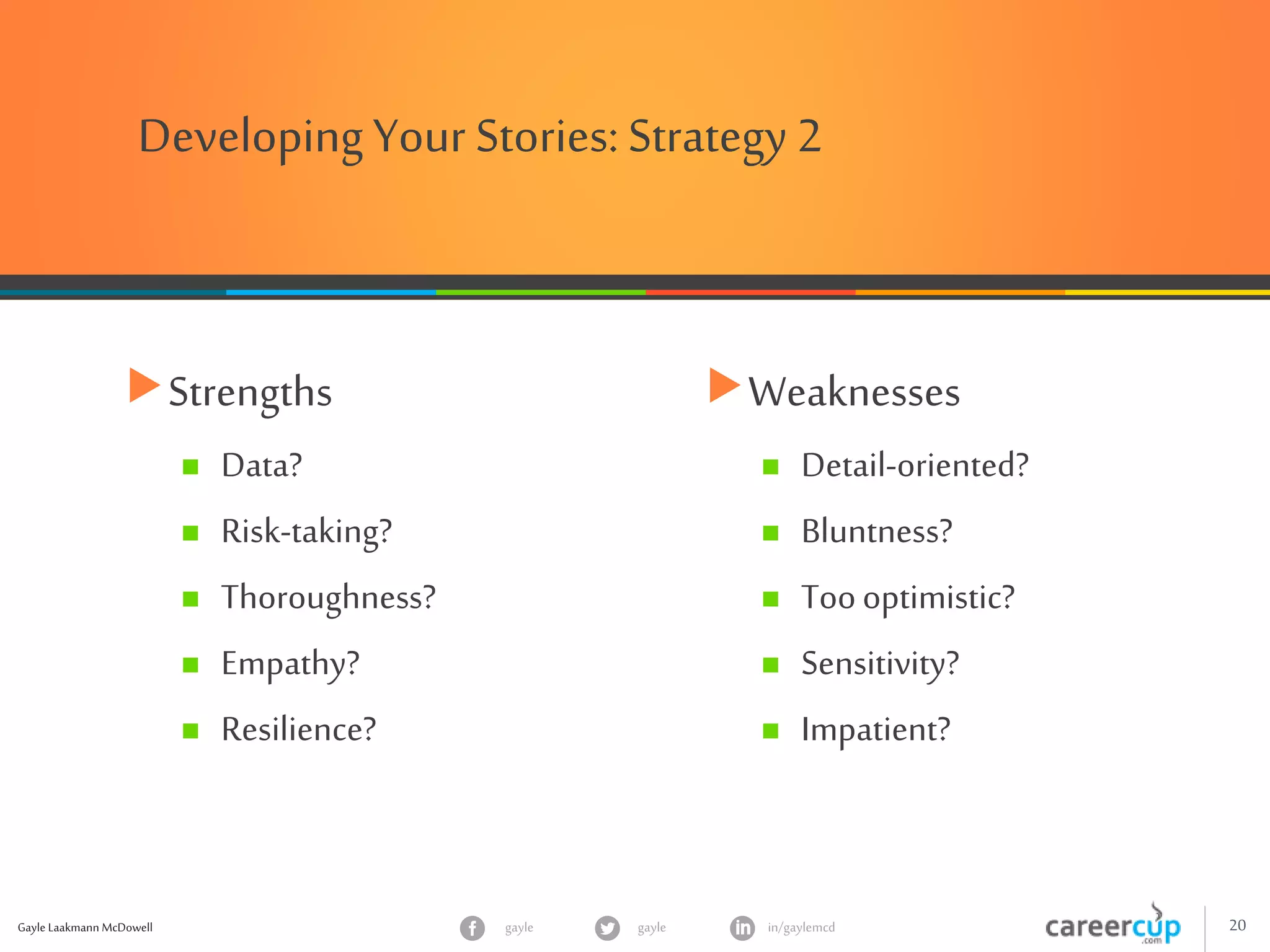Gayle Laakmann McDowell 20gayle in/gaylemcdgayle
DevelopingYour Stories: Strategy 2
Strengths
 Data?
 Risk-taking?
 Thoroughness?
 Empathy?
 Resilience?
Weaknesses
 Detail-oriented?
 Bluntness?
 Toooptimistic?
 Sensitivity?
 Impatient?
 
