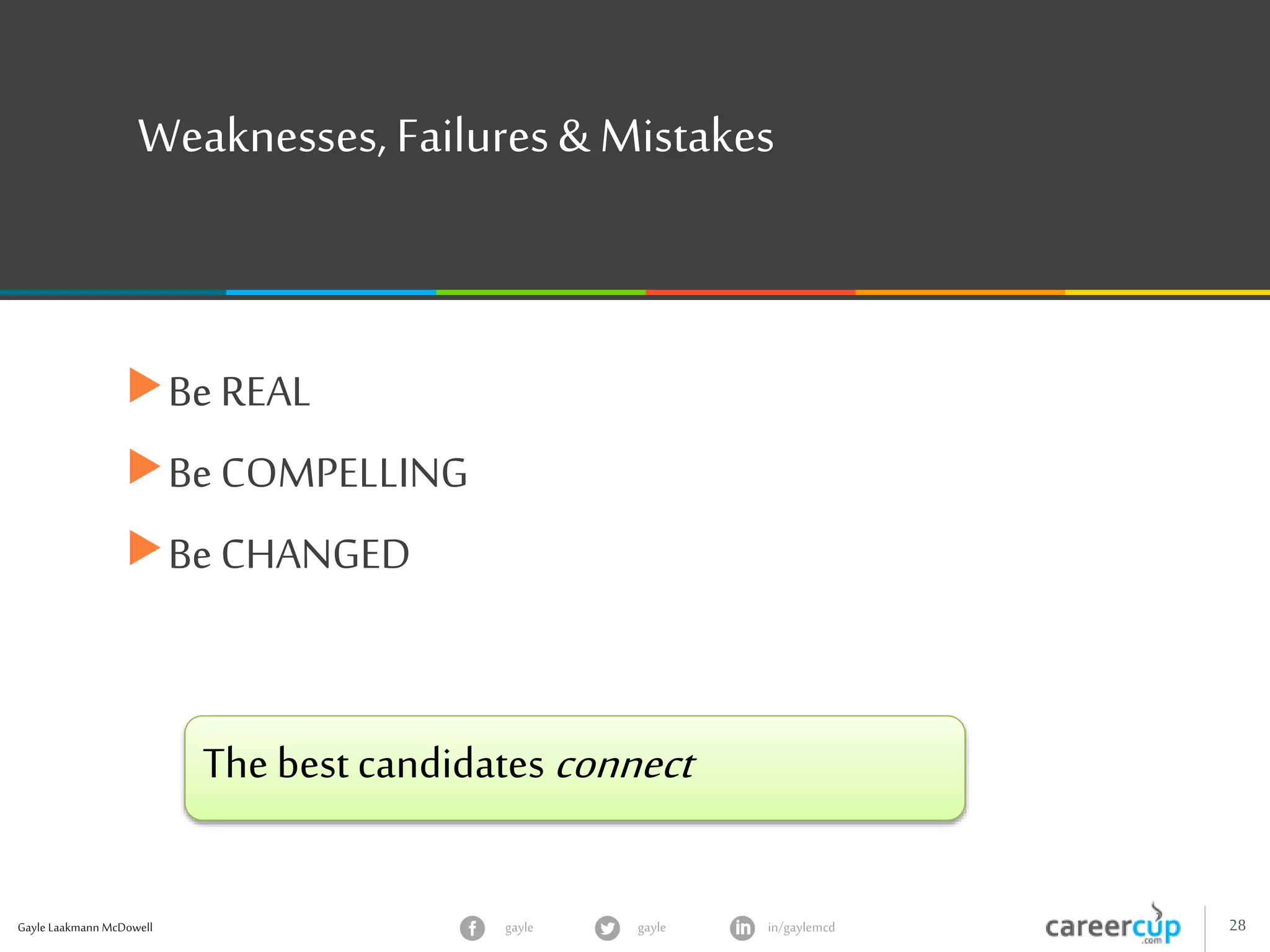 Gayle Laakmann McDowell 28gayle in/gaylemcdgayle
Weaknesses, Failures& Mistakes
Be REAL
Be COMPELLING
Be CHANGED
The best candidates connect
 