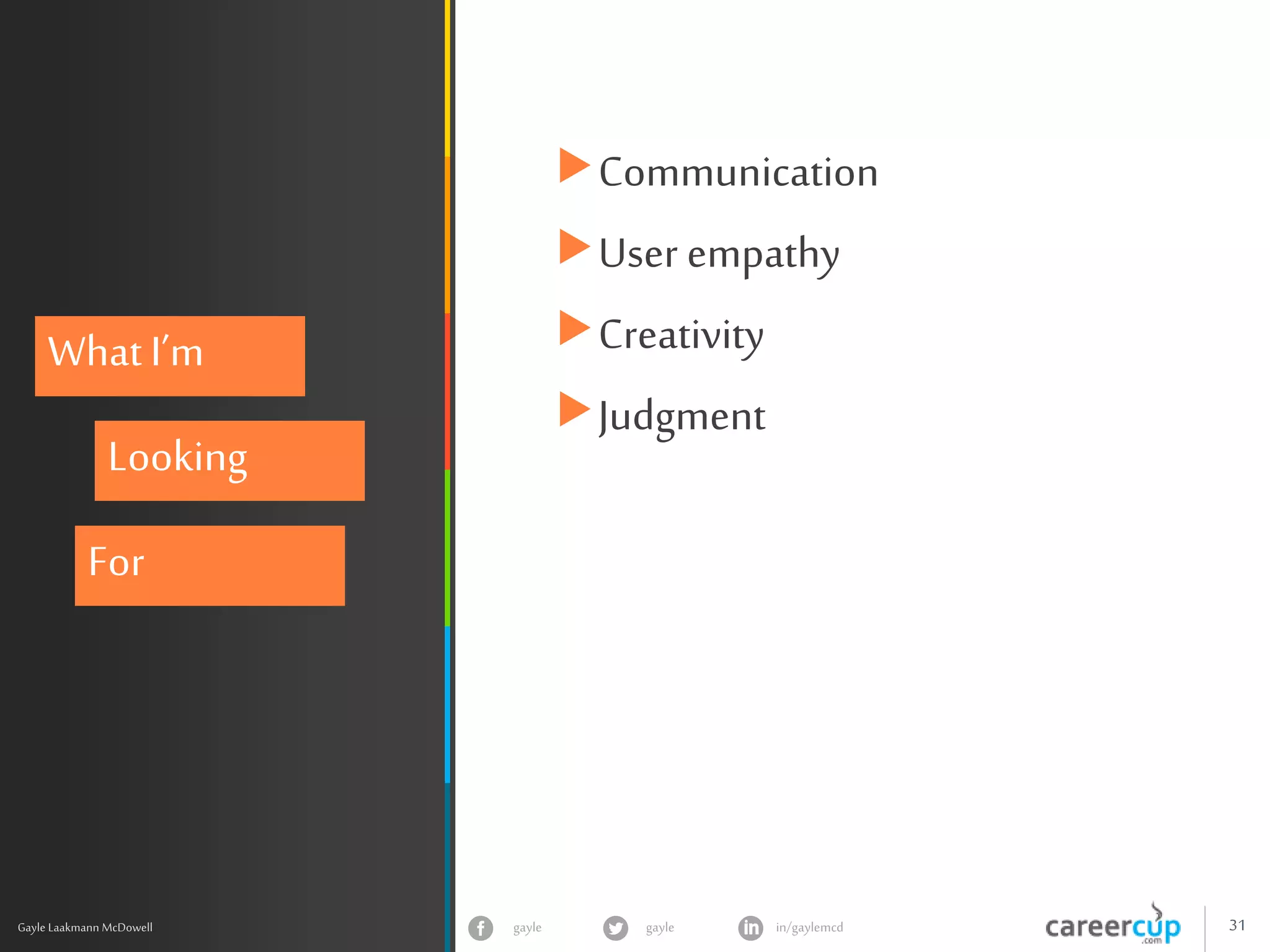 gayle in/gaylemcdgayle 31
z
Gayle Laakmann McDowell
What I’m
Looking
For
Communication
User empathy
Creativity
Judgment
 