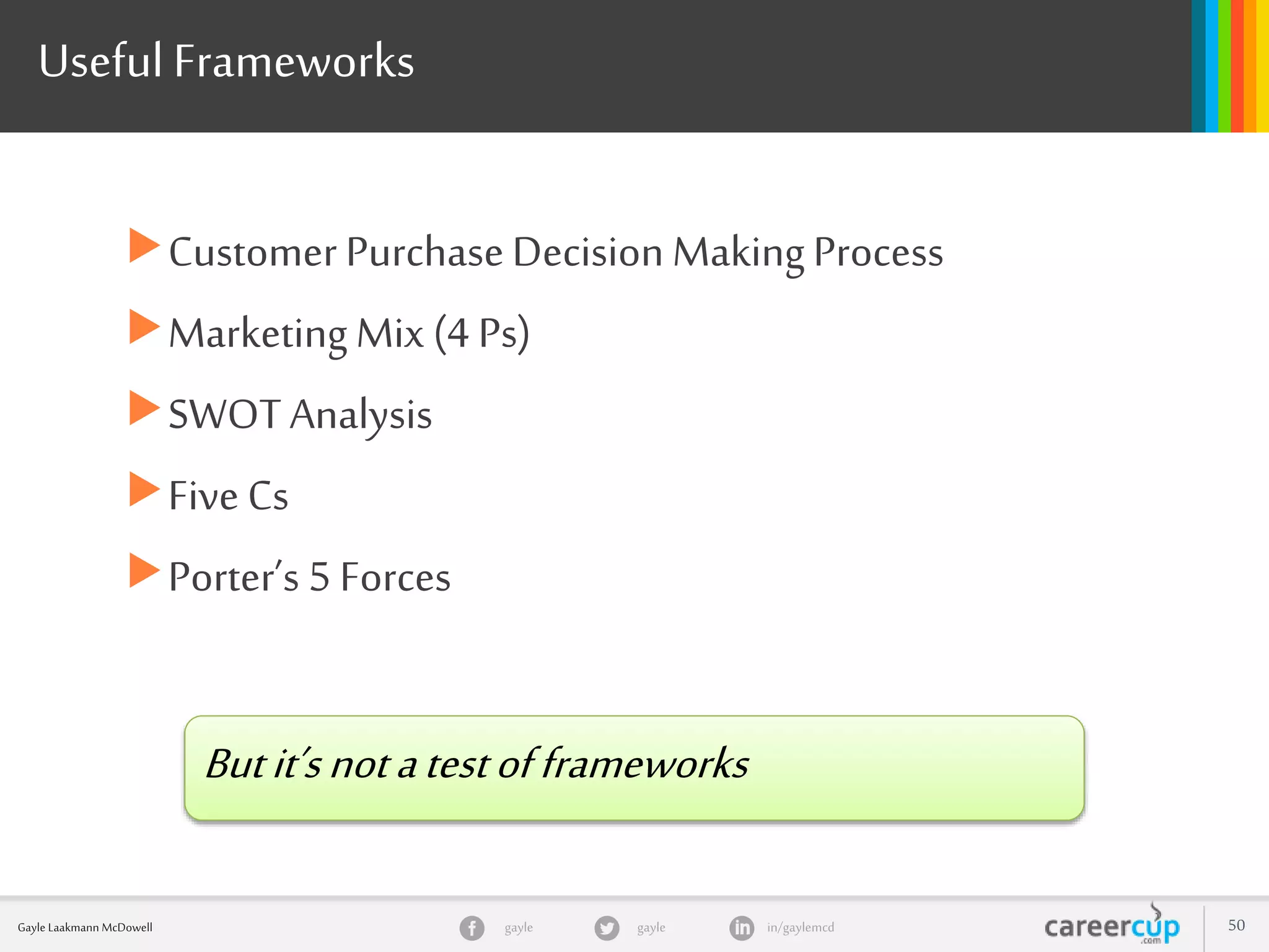 gayle in/gaylemcdgayleGayle Laakmann McDowell 50
Useful Frameworks
Customer PurchaseDecision MakingProcess
Marketing Mix (4 Ps)
SWOTAnalysis
Five Cs
Porter’s 5 Forces
Butit’snotatestofframeworks
 