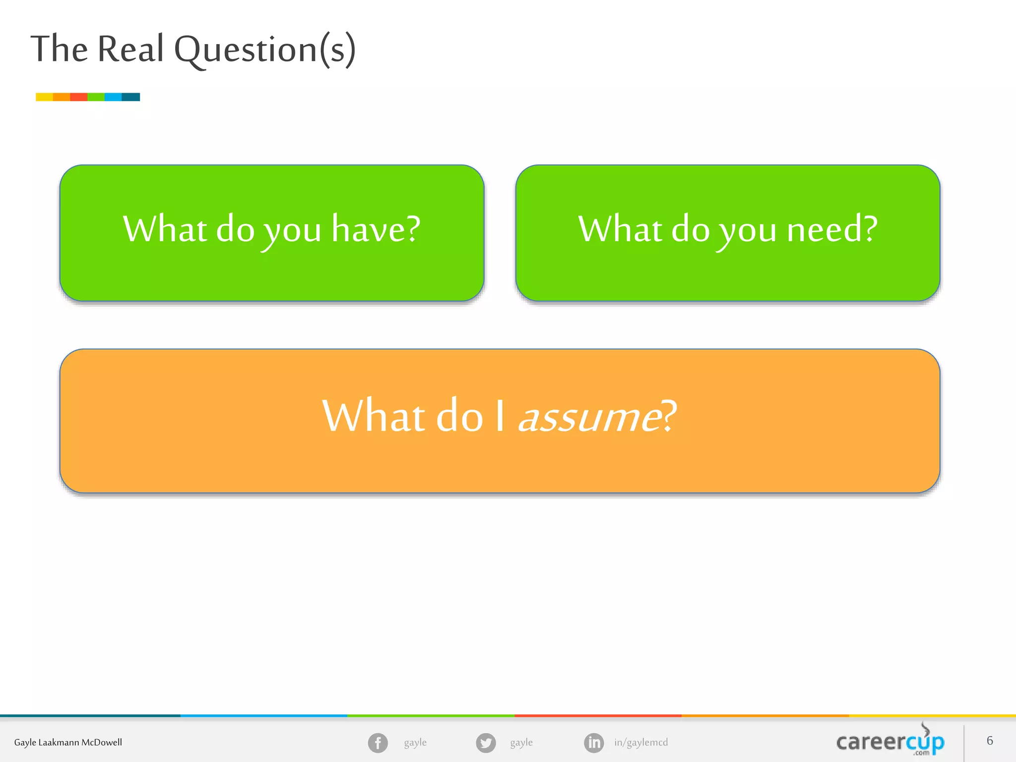 gayle in/gaylemcdgayleGayle Laakmann McDowell 6
The Real Question(s)
What do you have? What do you need?
What do Iassume?
 