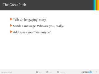 gayle in/gaylemcdgayleGayle Laakmann McDowell 18
The Great Pitch
Tells an [engaging] story
Sends a message.Who are you, really?
Addresses your “stereotype”
 
