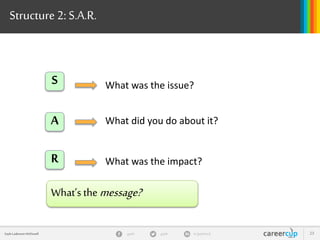 gayle in/gaylemcdgayleGayle Laakmann McDowell 23
Structure 2: S.A.R.
S
A
R
What was the issue?
What did you do about it?
What was the impact?
What’s themessage?
 