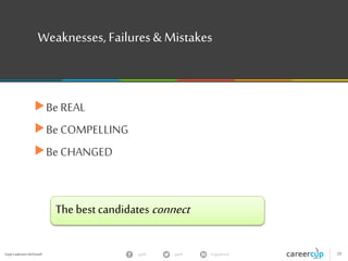 Gayle Laakmann McDowell 28gayle in/gaylemcdgayle
Weaknesses, Failures& Mistakes
Be REAL
Be COMPELLING
Be CHANGED
The best candidates connect
 