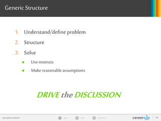 gayle in/gaylemcdgayleGayle Laakmann McDowell 49
Generic Structure
1. Understand/defineproblem
2. Structure
3. Solve
 Useinstincts
 Make reasonableassumptions
DRIVEtheDISCUSSION
 